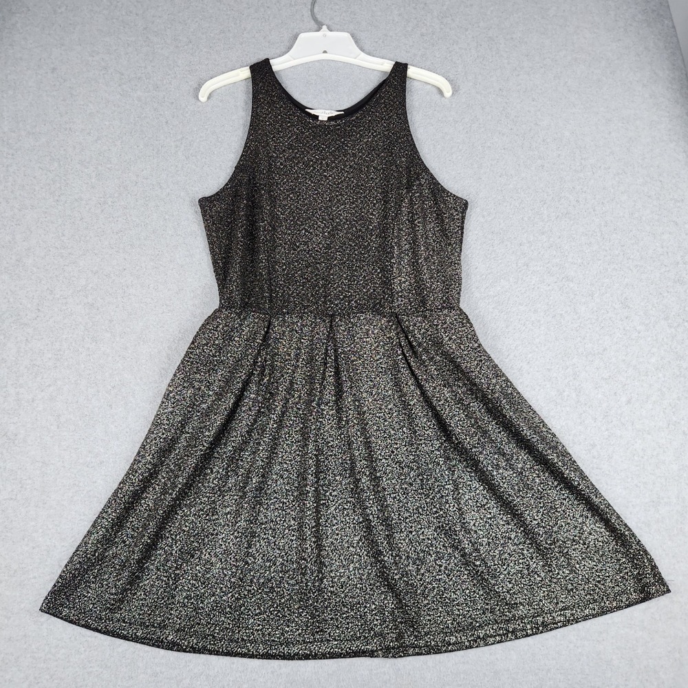 Charming Charlie Fit & Flare Dress Womens L Black Silver Metallic Glitter Party